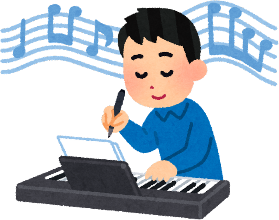 Illustration of Male Composer Writing Music Using a Keyboard