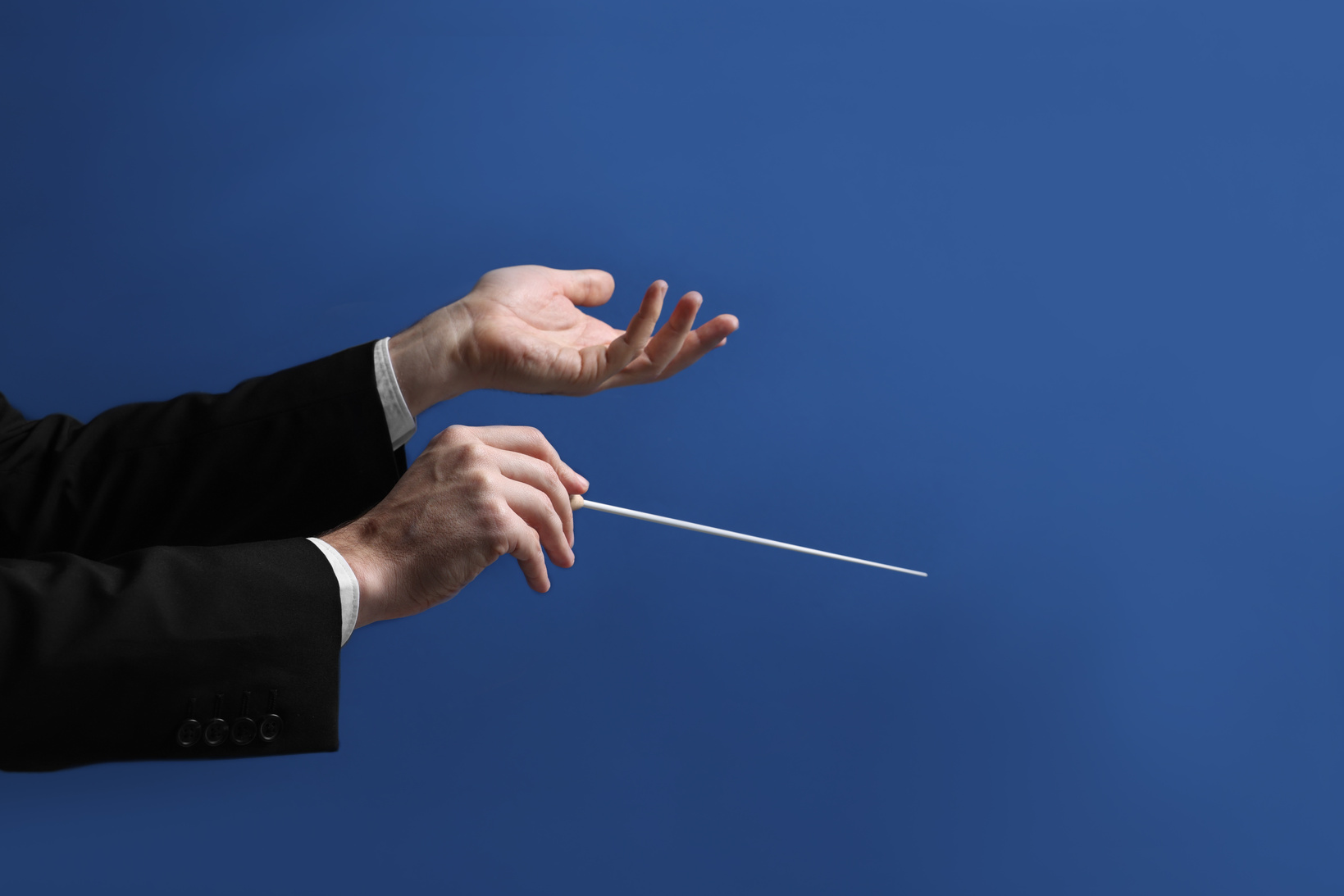 Professional conductor with baton on blue background, closeup